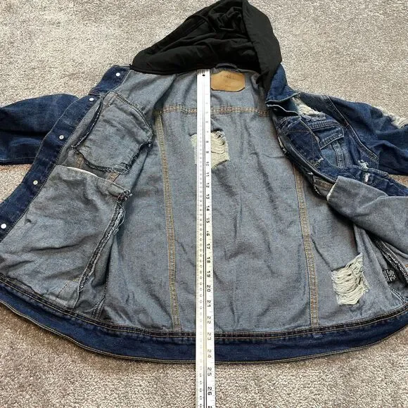 Rue 21 Jean Jacket Womens Small Blue Denim Distressed Dark Wash Black Hooded - Picture 6 of 11